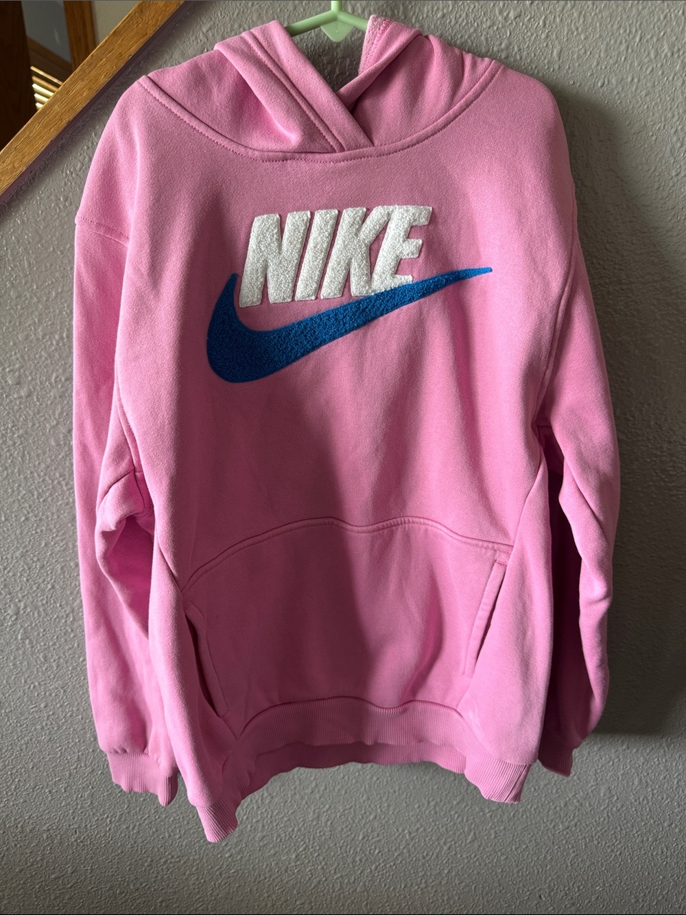 Nike Pink Hoodie with Blue Swoosh and White Logo